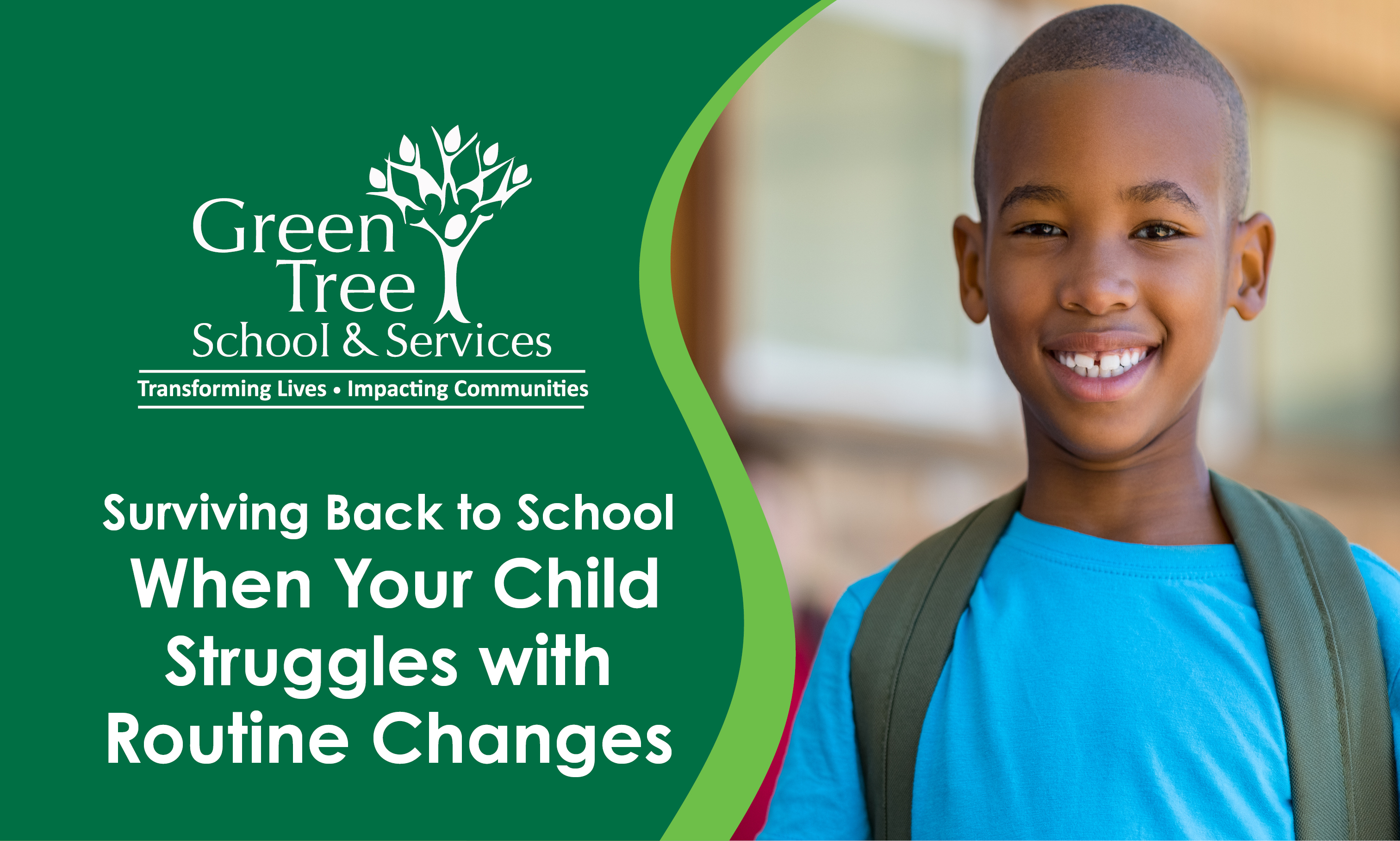 Blog title on left with Green Tree logo, boy with backpack smiling on right